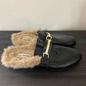 Steve Madden Black Leather Fur-Lined Slip-On Loafers with Gold Accent